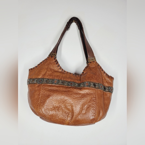 The Sak Brown Leather Tote Bag with Beaded Trim - Picture 1 of 4